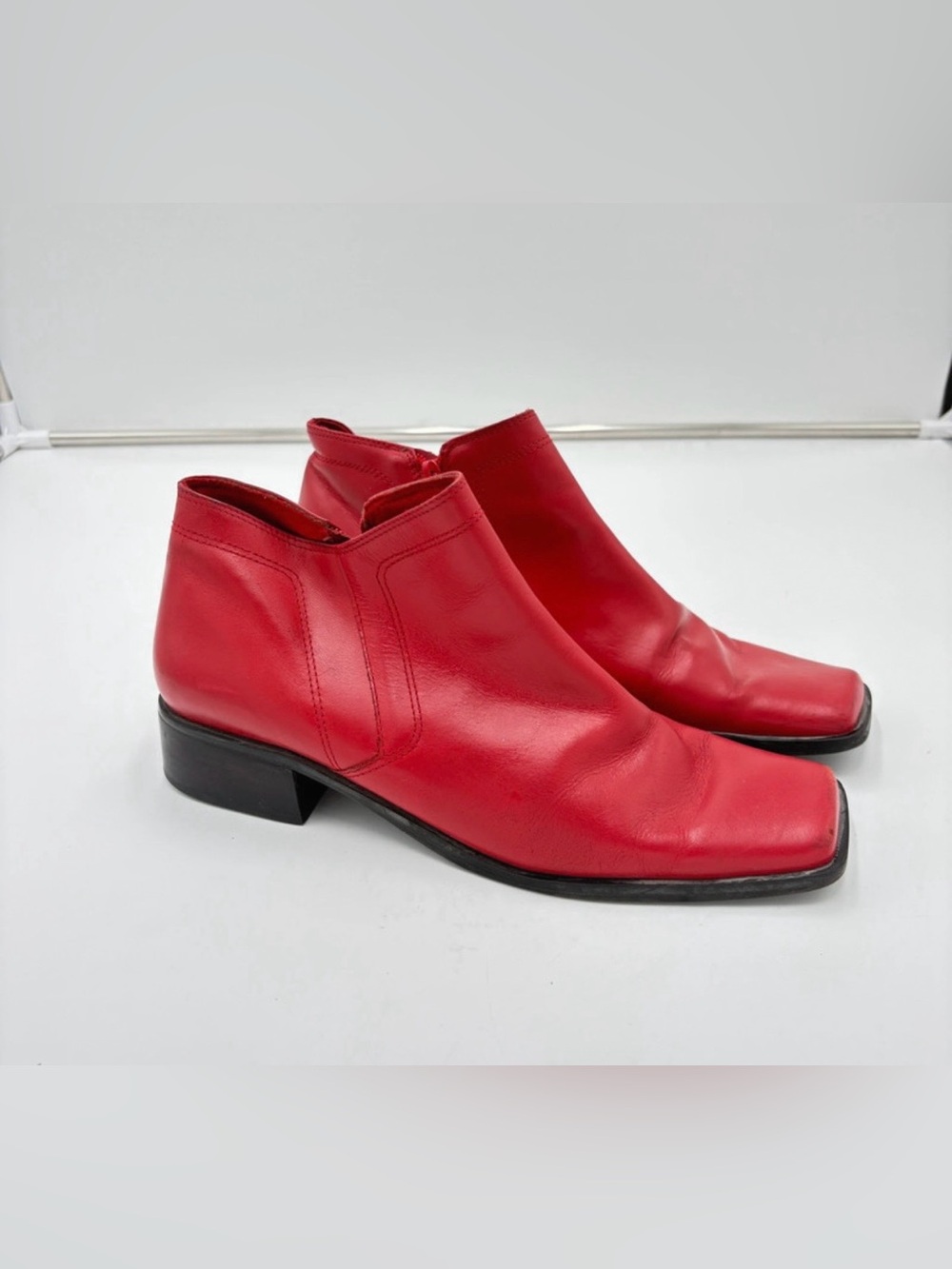 Vintage Women's Red Leather Ankle Booties - Sleek Square Toe